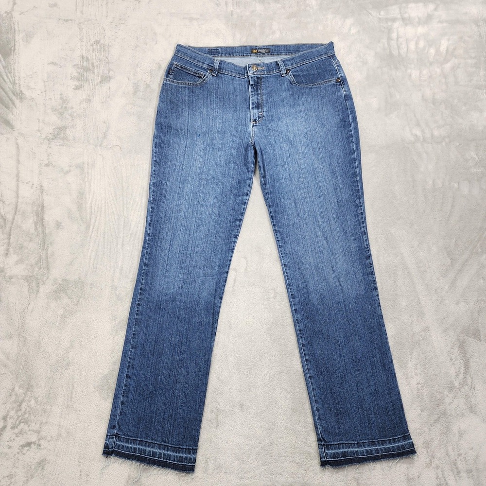 Lee Jeans Womens 14 Blue Mid Rise Straight Leg Released Hem Relaxed Fit Stretch